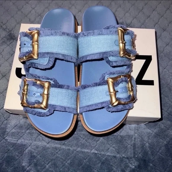 SCHUTZ Blue and Gold Sandals with Metallic Accents - Picture 2 of 3
